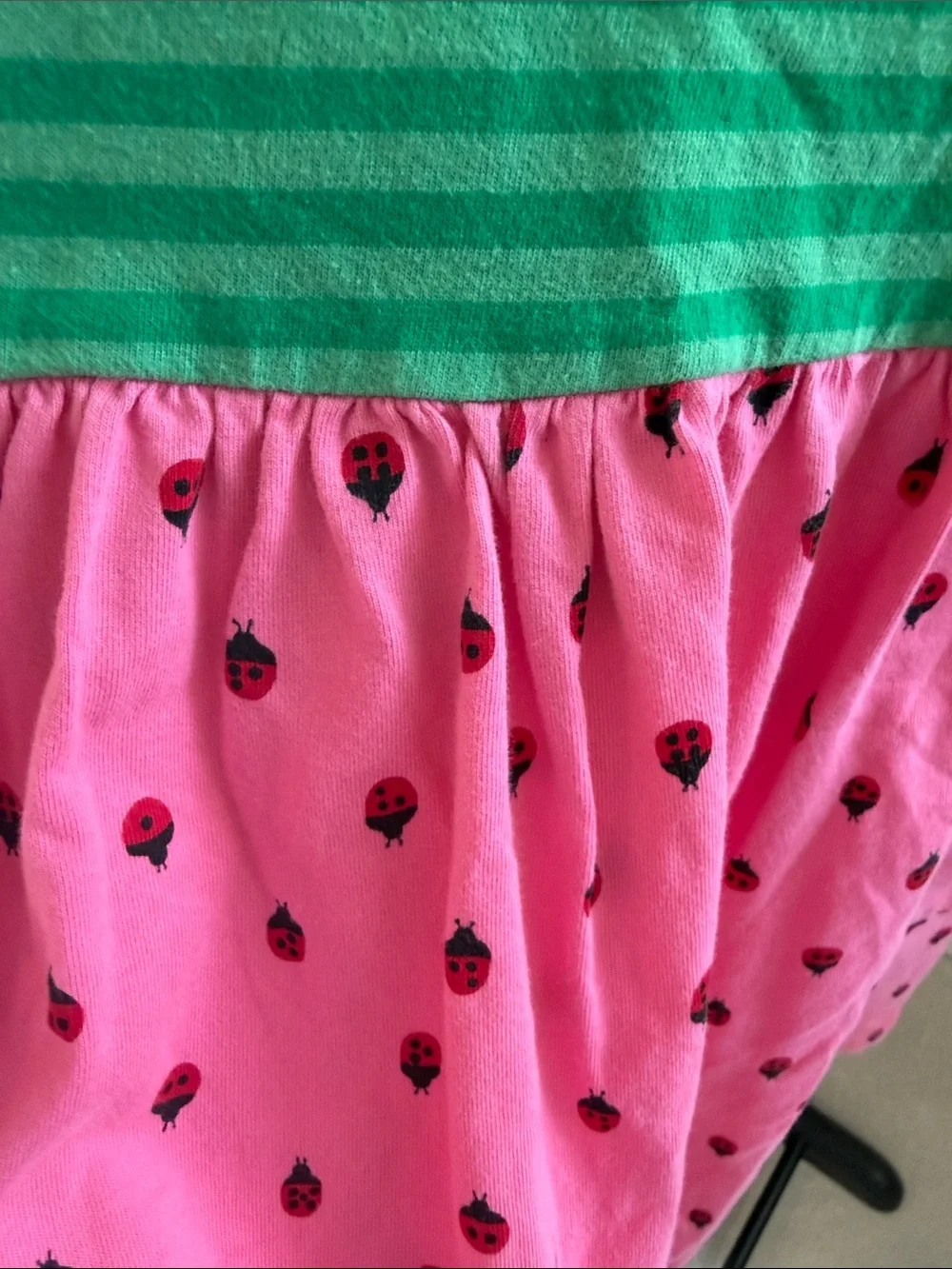 Green & Pink Long-Sleeve Kids Dress with Ladybug Print